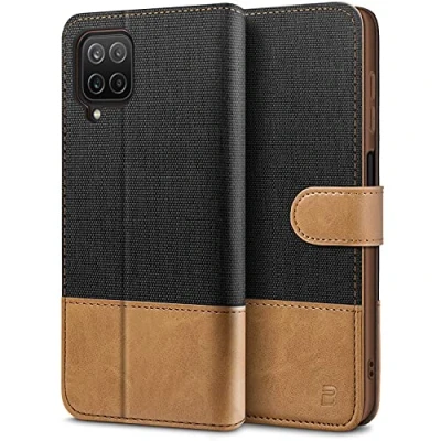Abbildung von BEZ Handyhülle für Samsung Galaxy A12 Hülle, Tasche Kompatibel / M12, Schutzhüllen aus Klappetui mit Kreditkartenhaltern, Ständer, Magnetverschluss, Schwarz