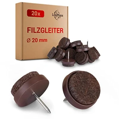 Abbildung von LouMaxx Stuhl Filzgleiter mit Nagel rund, Ø 20 mm Dunkelbraun Stuhlgleiter 3mm dickem Filz für Stühle Premium Stuhlbeinschoner auch Möbel Stück