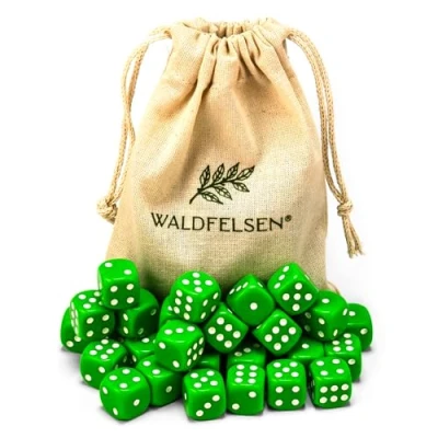 Abbildung von Waldfelsen 6, 12, 20, 30 oder 50 hochqualitative Würfel Standardgröße 16 mm Acrylwürfel Knobel Spielwürfel Dice 6 seitig sechsseitig Spielzubehör Set mit Stoffbeutel (Grasgrün, Stück)
