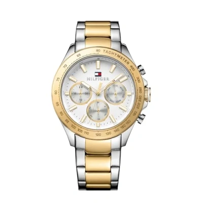 Abbildung von Tommy Hilfiger Herren Multifunktionsquarz Uhr 45,5 mm, Weißes Zifferblatt, Bicolor Edelstahlarmband mit Gold Ionenplattierung (IP), 3 Sub Dials, 5ATM Wasserdicht 1791226