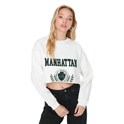 Abbildung von Trendyol Women&#039;s Crew Neck with Slogan Regular Sweatshirt, Ecru, S