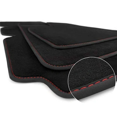 Abbildung von Fußmatten für Tesla Model S Premium Velours Autoteppich 3 teilig, Tuning, Ziernaht Rot, Original Qualität