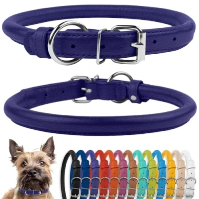 Abbildung von CollarDirect Rundes Leder Hundehalsband, weich gepolstert gerollt, handgefertigtes Echtleder Halsband für Hund Welpe Katze Klein Groß Schwarz Rosa Rot Lila Blau