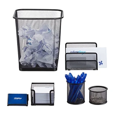 Abbildung von Relaxdays Schreibtisch Organizer 6er Set, Ablage Visitenkarten, Zettelbox, Briefablage, Stifteköcher, Mülleimer, schwarz