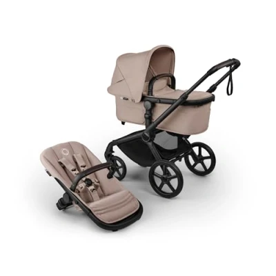 Abbildung von Bugaboo Fox 5 Renew, 2 in 1 Kinderwagen für jedes Gelände, mit Liegewanne und ausziehbarem Kleinkindsitz, praktische Ein Hand Faltung, Fahrgestell Schwarz Sonnendach Desert Taupe Melange