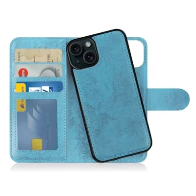Abbildung von MyGadget Flip Case für iPhone 15 [ abnehmbare Magnet Hülle ] Handyhülle aus Kunstleder Klapphülle mit Kartenfach Schutzhülle in Hellblau