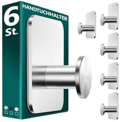 Abbildung von Menz Handtuchhalter ohne Bohren in Silber, 6 Stück Robuste Badezimmer Handtuchhalter, moderne Klebehaken, Haken fürs Bad, selbstklebend, ideal als funktionale Handtuchhaken