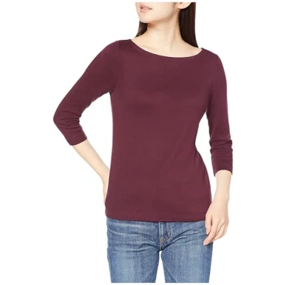 Abbildung von Amazon Essentials Damen Einfarbiges T Shirt mit U Boot Ausschnitt und 3/4 Ärmeln in schmaler Passform, Burgunderrot, XL