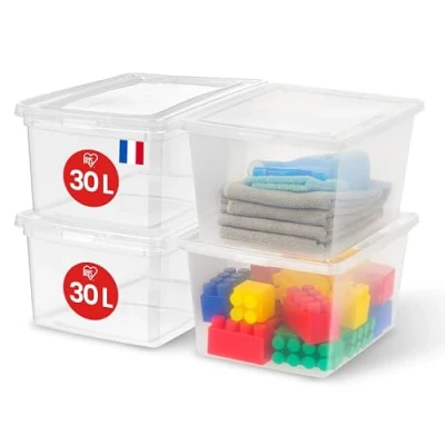 Abbildung von Iris Ohyama, Mehrzweck Kunststoff Aufbewahrungsbox, 30L, 4er Set, Transparent, Einfache Verschließung, Stapelbar, für Schlafzimmer, Küche, Büro, Badezimmer, Kleidung, Spielzeug, BPA frei, CNL 30E