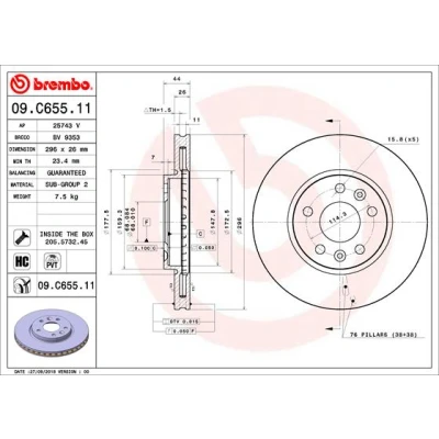 Abbildung von BREMBO 09.C655.11 Bremsscheibe 296 26 5 innenbelüftet beschichtet hochgekohlt mit Schrauben RENAULT: Megane 4 Grandtour, Talisman Limousine