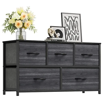 Abbildung von YITAHOME Kommode, Schrank, Aufbewahrungsschrank, 5 Schubladen aus Stoff mit Griffen, Aufbewahrungskommode, Schwarze Holzmaserung