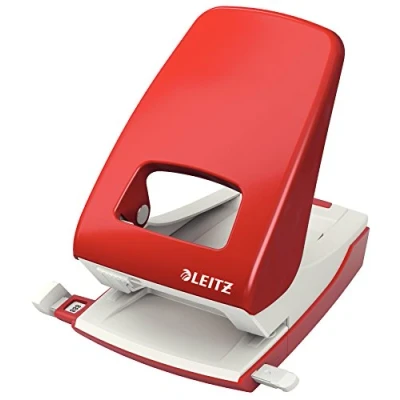 Abbildung von Leitz Starker Büro Locher aus Metall, Für 40 Blatt, Anschlagschiene mit Formatangaben, Ergonomisches Design, rot, 51386025