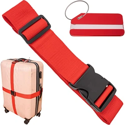 Abbildung von Kofferband Set mit Kofferanhänger, 200 cm Gurtband Schnalle für mehr Sicherheit, in Rot, Namensschild, Koffergurte Adressschild zum Reisen und Fliegen, Kofferspanngurte, Gurt Koffer