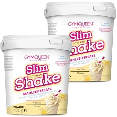 Abbildung von GymQueen Slim Shake, Abnehm Shake 2x420g, Vanille, Leckerer Diät zum einfachen Abnehmen, Mahlzeitersatz mit wichtigen Vitaminen und Nährstoffen, nur 250 kcal pro Portion