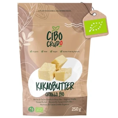 Abbildung von Kakaobutter Bio Lebensmittelqualität 250g. Kakao Butter Organic für Schokolade Kosmetik oder Essen. Raw Cacao Butter.