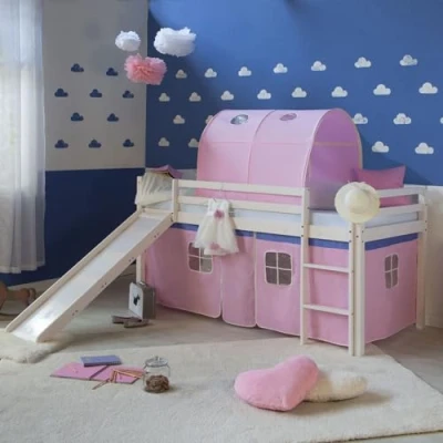Abbildung von Homestyle4u Hochbett Kinderbett mit Leiter und Vorhang Weiß Rosa Holz Kiefer Lattenrost, Rutsche Tunnel
