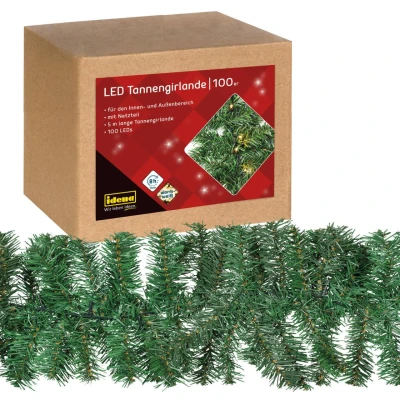 Abbildung von Idena 31870 LED Tannengirlande mit 100 LEDs in Warmweiß, 8 Stunden Timer Funktion und Netzteil, ca. 5 m lang, Deko für Innen &amp; Außen, zum Basteln, als Party Deko, Advents Weihnachtsdeko