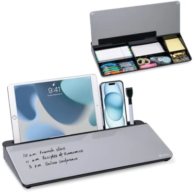 Abbildung von Varhomax Glas Schreibtisch Whiteboard mit Aufbewahrung, Organizer, To Do Liste, Notizblock, trocken abwischbar, für Zuhause, Büro und Schulbedarf (Schwarz Grau)