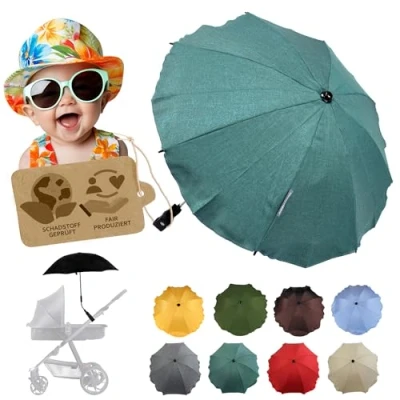 Abbildung von Sonnenschutz universal [Sonnenschirm für Kinderwagen] Buggy UV Schutz 50+ mit Universalhalterung biegsamer Schirm Rund und Ovalrohre verstellbar (meliert olive)