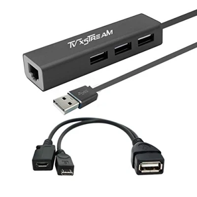 Abbildung von LAN Ethernet Adapter mit 3 USB Port Hub OTG Stromversorgung für TV Streaming Geräte, Firesticks der 2. Generation, 3. 4K Firestick, erweitern Sie Speicher und mehr