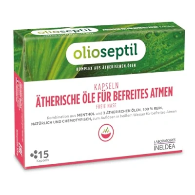 Abbildung von OLIOSEPTIL Kapseln mit ätherischen Ölen für befreites Atmen Zum Inhalieren Kombination aus Menthol und 100% naturreinen, chemotypisierten Ohne Alkohol 15