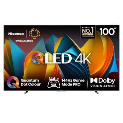 Abbildung von Hisense 100E7NQ 254 cm (100 Zoll) Fernseher, 4K UHD, QLED, HDR10, HDR10+ decoding, HLG, Dolby Vision Atmos, 60Hz Panel, Smooth Motion, Bluetooth, Alexa Built in, VIDAA Voice, Schwarz [2024]