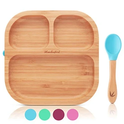 Abbildung von bambuskind Kinderteller mit Saugnapf blau I Inkl. Rezepte Ebook rutschfester Babyteller aus Bambus Löffel Kindergeschirr Set zum Essen lernen ohne schädliche Kunststoffe