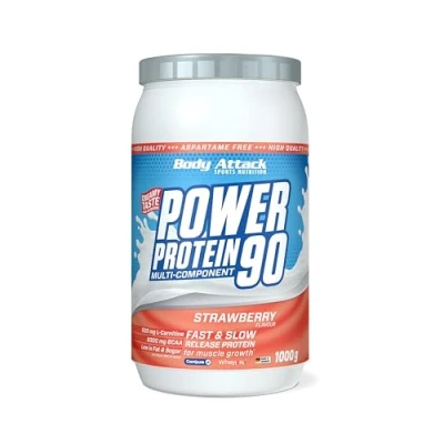 Abbildung von Body Attack POWER Protein 90 Strawberry 1kg Dose Mehrkomponenten Pulver, Made in Germany Mit BCAA, Vitaminen &amp; L Carnitin Shake extra cremiger Geschmack, gute Löslichkeit