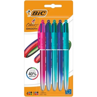 Abbildung von Bic Kugelschreiber mit 4 Farben, Farbverlauf, glatte Tinte, einziehbar, mehrfarbig, 5 Stück