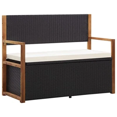 Abbildung von vidaXL Akazienholz Massiv Bank mit Stauraum Sitzbank Gartenbank Gartentruhe Truhenbank Kissentruhe Kissenbox Auflagenbox 115cm Poly Rattan Schwarz