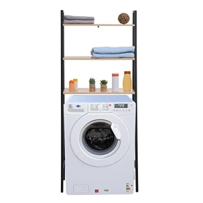 Abbildung von Standregal HWC K82, Badregal Waschmaschinen Regal Leiterregal, Industrial Metall Holz 155x64x25cm Natur