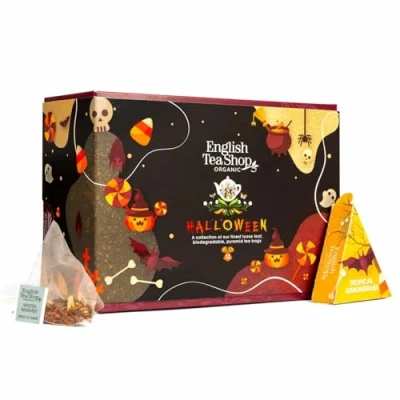 Abbildung von ETS Teegeschenk Halloween Deko &amp; Party Mitbringsel 3 BIO Tee Sorten Hexe Skelett Kürbis 12 Pyramidenbeutel