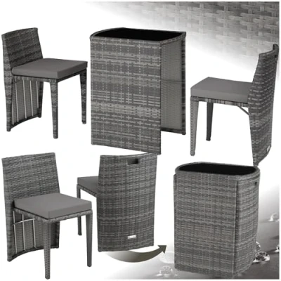 Abbildung von tectake® Poly Rattan Bistroset, platzsparend zusammenschiebbar, Gartenmöbel Set mit 2 Stühlen &amp; Tisch, Outdoor Möbel, Sitzgruppe für Garten, Wintergarten, Balkon Terrasse grau
