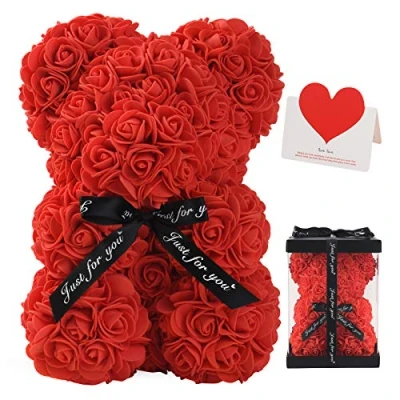 Abbildung von FVXR Rosenbär, Rose Teddybär, 25.4 cm, Dutzend Blumen, künstliche Pflanzen, Dekoration, Geschenk für Valentinstag, Muttertag, Weihnachten, Party, Dekorationen mit transparenter Geschenkbox (06 Red)