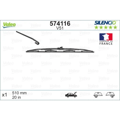 Abbildung von Scheibenwischer Valeo Silencio Standard, Conventional Single 574116 510mm vorne Standard Hakenbefestigung OPEL: Astra G CC, Caravan