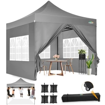 Abbildung von COBIZI pavillon faltpavillon 3x3 wasserdicht stabil Winterfest,Outdoor faltbar partyzelt，gartenpavillon mit 4 Seitenteilen und Sandsack Laufradtasche, Grau