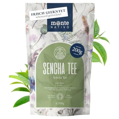 Abbildung von Sencha grüner Tee Monte Nativo (200g) schonend getrocknet hochwertiger und aromatischer Grüntee (Green Tea) premium Qualität lose Kräutertee perfekt als Geschenk