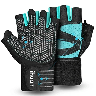 Abbildung von ihuan Belüftete Fitness Handschuhe mit Handgelenkband Unterstützung für Herren und Frauen Schwarze Trainingshandschuhe kompletter Handflächenschut