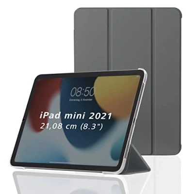 Abbildung von Hama Hülle für Apple iPad mini 2021 (aufklappbares Case Tablet 6. Generation, Schutzhülle mit Standfunktion, transparente Rückseite, magnetisches Cover) grau