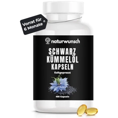 Abbildung von naturwunsch Schwarzkümmelöl kaltgepresst 400 Kapseln Nigella sativa, Mühlenfrisch in Deutschland hergestellt 1000 mg Tagesdosis für 6,5 Monate