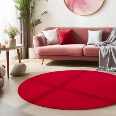 Abbildung von HomebyHome Kurzflor Teppich Wohnzimmer 200 cm Rund Rot Waschbarer für Schlafzimmer, Esszimmer und Ideal als Küchenteppich Flauschiger Extra Weich, Einfarbig, rutschfest, Modern