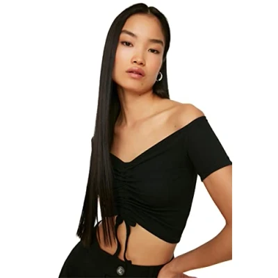 Abbildung von TRENDYOL Damen Black Shirred Knitted Blouse, Schwarz, L EU