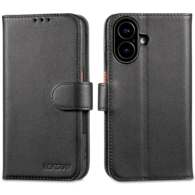 Abbildung von LENSUN Echtleder Hülle für iPhone 16, Handyhülle [Echtes Leder][Magnetverschluss][RFID Schutz] Handytasche Lederhülle Etui Kompatibel mit 16 5G Schwarz