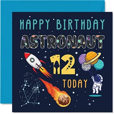 Abbildung von Geburtstagskarte zum 12. Geburtstag, für Jungen, Weltraum Astronautenkosmos, 12 Jahre altes Junge, Mädchen, zwölf Mädchen und 145 mm x mm, Grußkarte Sohn, Tochter, Nichte, Neffe, Enkel