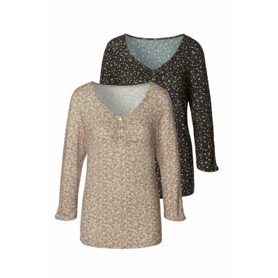 Abbildung von Vivance 3/4ARM 2 PACK Langarmshirt, Damen, Größe: 32/34, Rose bedruckt schwarz