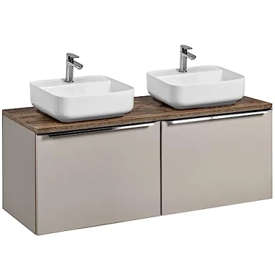 Abbildung von Lomadox Doppel Waschtisch Unterschrank Set 120cm, Taupe mit Vintage Eiche, 2 Keramik Aufsatz Waschbecken, Softclose Schubkästen, B/H/T ca.: 120,4/62,5/46 cm