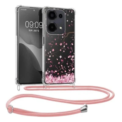 Abbildung von kwmobile Necklace Case kompatibel mit Xiaomi Redmi Note 13 Pro 4G Hülle Silikon Cover Handykette Rosa Dunkelbraun Transparent Kirschblütenblätter