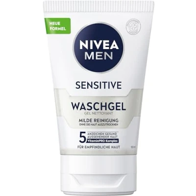 Abbildung von NIVEA MEN Sensitive Waschgel, sanftes Reinigungsgel für empfindliche Männerhaut, beruhigende Gesichtsreinigung zur Linderung von Hautirritationen (100 ml)
