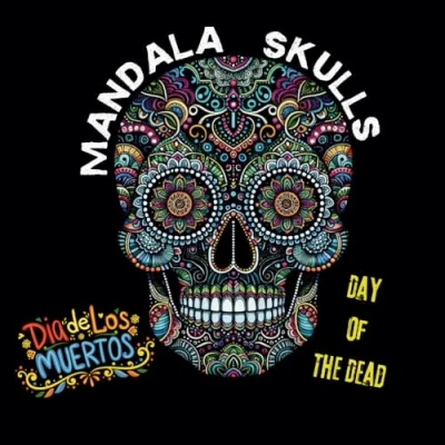 Abbildung von Mandala Skulls: Malbuch Totenköpfe, Schädel zum Ausmalen mit schwarzem Hintergrund und schwarzer Rückseite