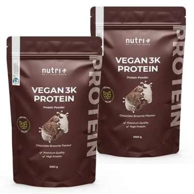 Abbildung von Nutri + Vegan Protein Pulver Chocolate Brownie 2000 g Pflanzliches Proteinpulver Schoko 2 kg Eiweißpulver für unverschämt leckerer Eiweiß Shakes
